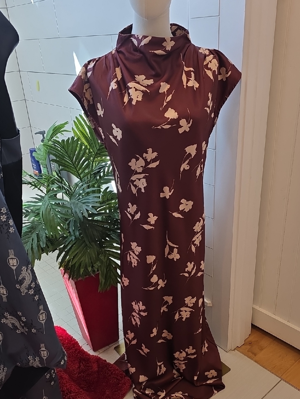 Elegant Burgundy/ Brown Floral Satin Maxi Dress